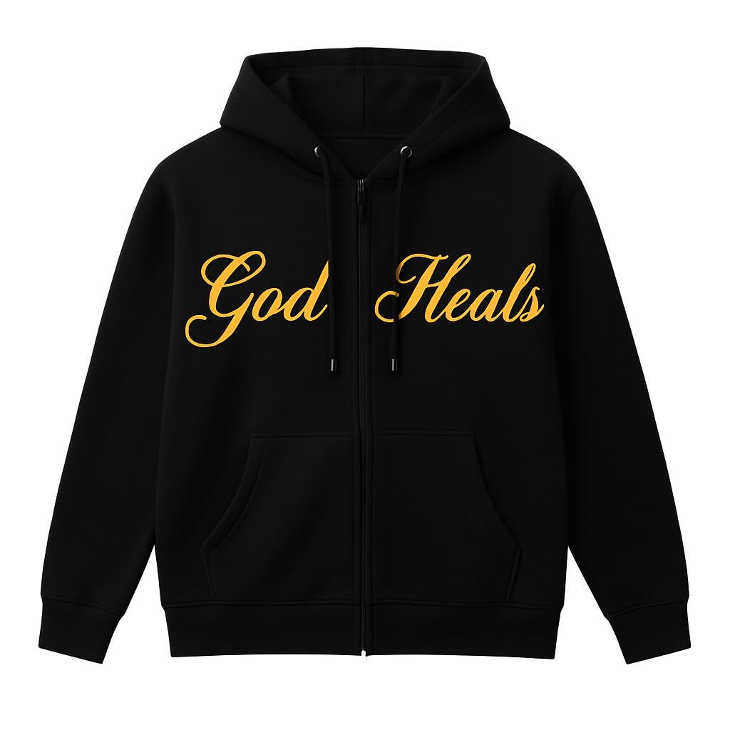 God Heals Zip Hoodie — in Gold Text- Inspirational Christian Full-Zip Sweatshirt