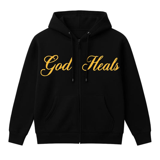 God Heals Zip Hoodie — in Gold Text- Inspirational Christian Full-Zip Sweatshirt