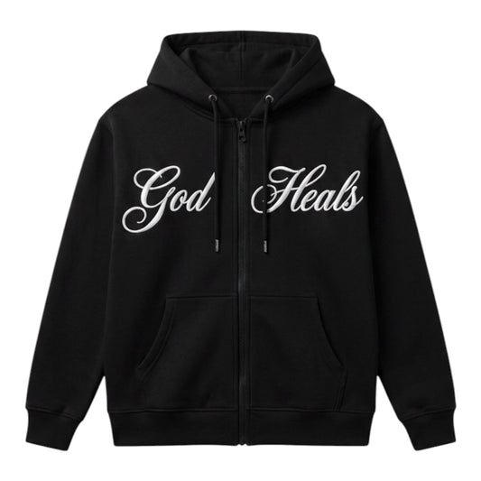 God Heals Zip Hoodie — in White Text- Inspirational Christian Full-Zip Sweatshirt