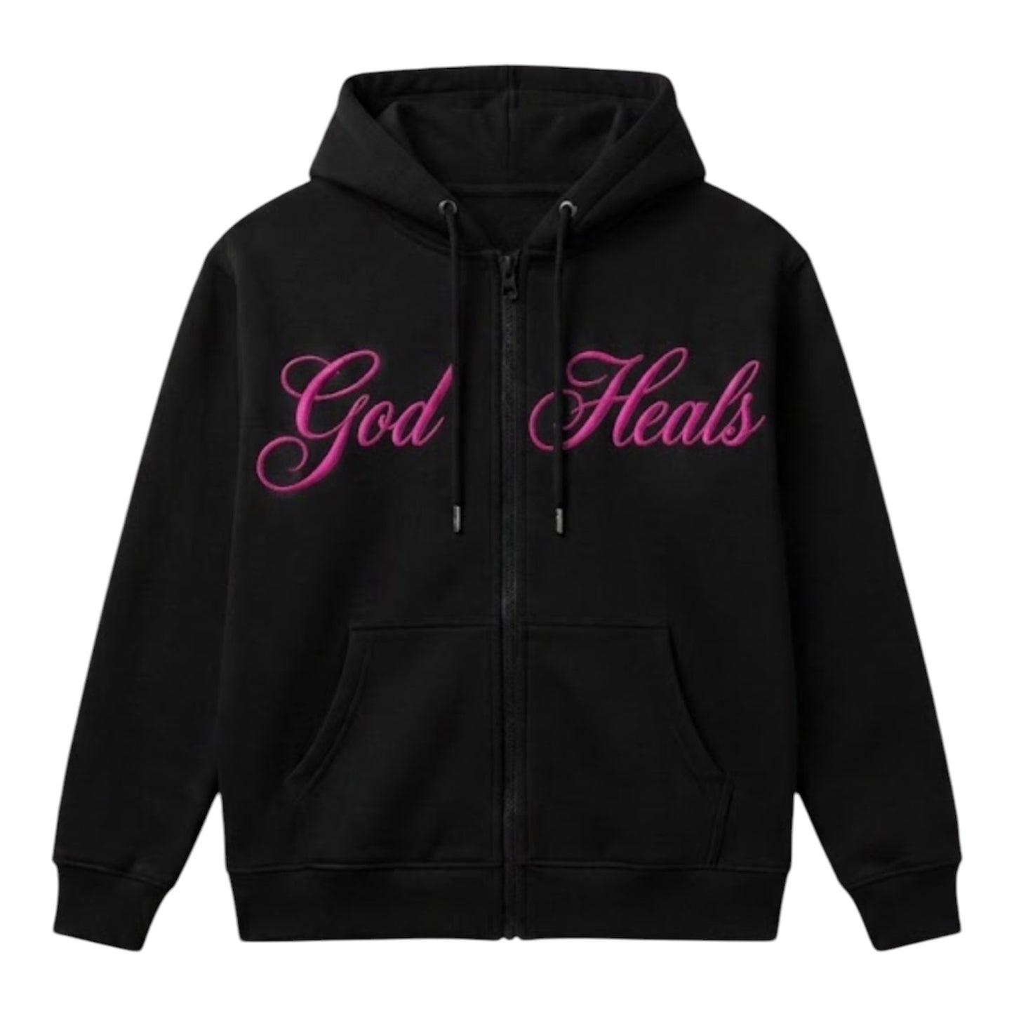 God Heals Zip Hoodie — in Pink Text- Inspirational Christian Full-Zip Sweatshirt