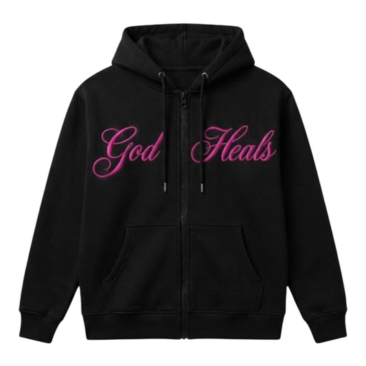 God Heals Zip Hoodie — in Pink Text- Inspirational Christian Full-Zip Sweatshirt